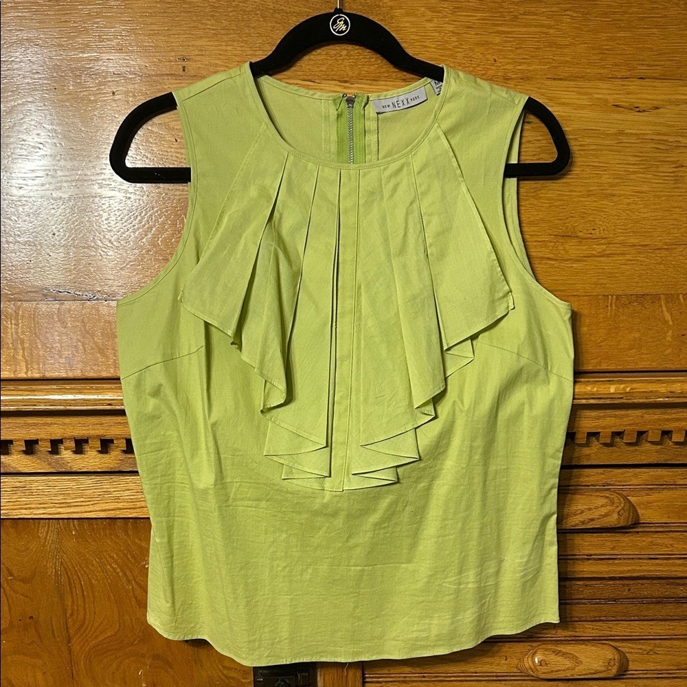 Nexx NY Retro Chartreuse Green Pleated Ruffle Sleeveless Blouse Top Cotton Blend